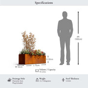 L 75cm Corten Trough Planter with dimensions and man for scale.